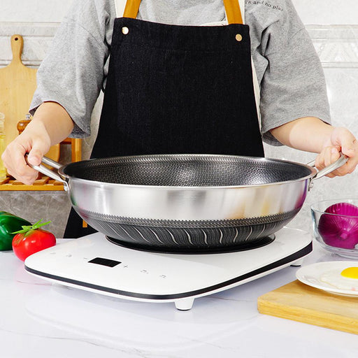304 Stainless Steel 34cm Non-Stick Stir Fry Cooking Kitchen Wok Pan with Lid Honeycomb Double Sided - amazingooh