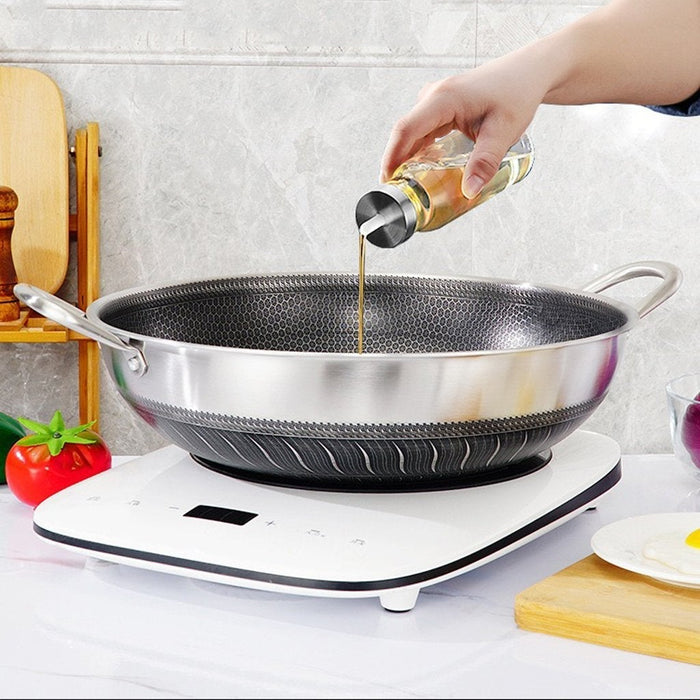 304 Stainless Steel 34cm Non-Stick Stir Fry Cooking Kitchen Wok Pan with Lid Honeycomb Double Sided - amazingooh