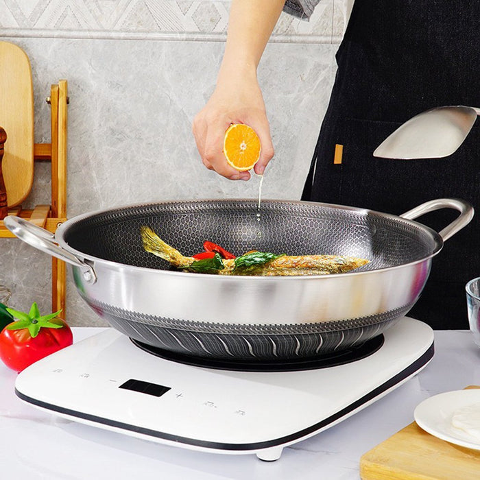 304 Stainless Steel 36cm Non-Stick Stir Fry Cooking Kitchen Wok Pan with Lid Honeycomb Double Sided - amazingooh