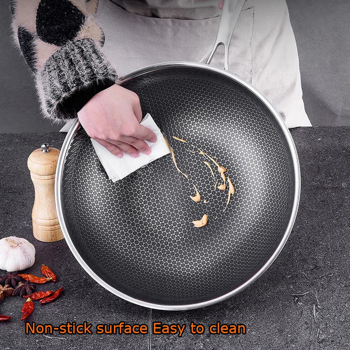 304 Stainless Steel Non-Stick Stir Fry Cooking Kitchen Wok Pan with Lid Honeycomb Double Sided - amazingooh