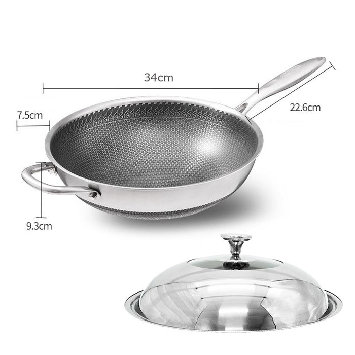 304 Stainless Steel Non-Stick Stir Fry Cooking Kitchen Wok Pan with Lid Honeycomb Double Sided - amazingooh