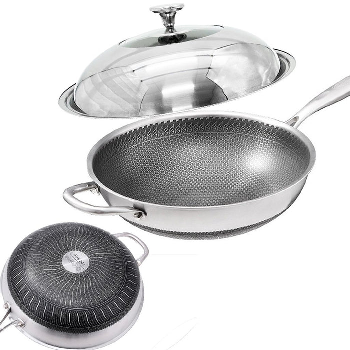 304 Stainless Steel Non-Stick Stir Fry Cooking Kitchen Wok Pan with Lid Honeycomb Double Sided - amazingooh