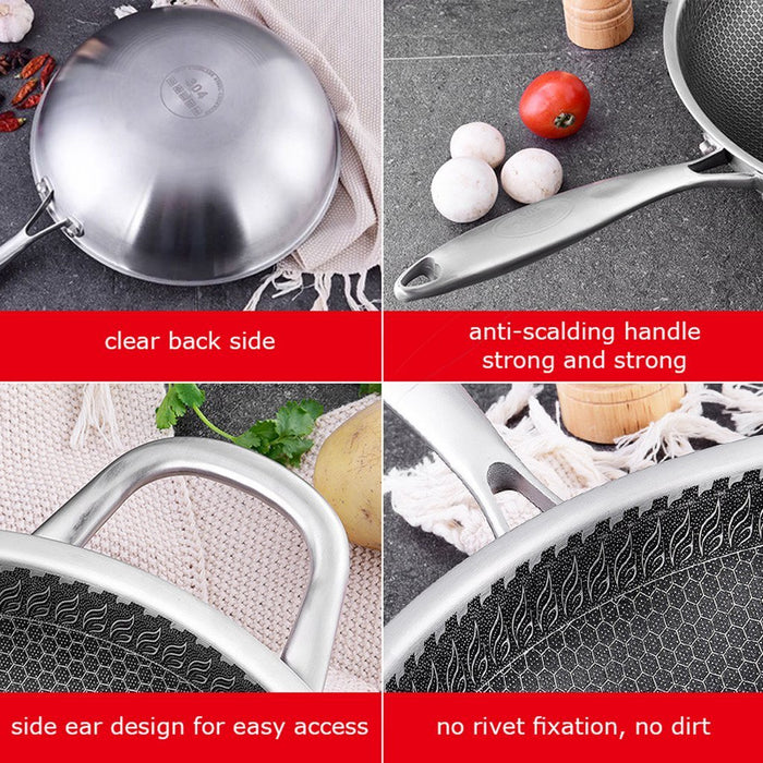 304 Stainless Steel Non-Stick Stir Fry Cooking Kitchen Wok Pan with Lid Honeycomb Single Sided - amazingooh