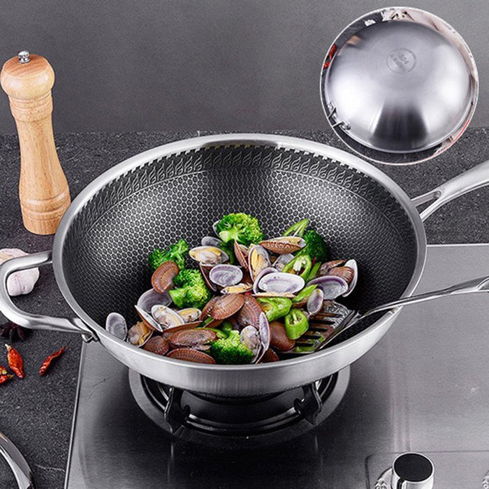 304 Stainless Steel Non-Stick Stir Fry Cooking Kitchen Wok Pan with Lid Honeycomb Single Sided - amazingooh
