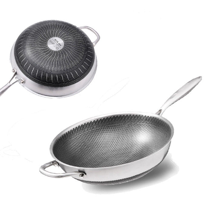 304 Stainless Steel Non-Stick Stir Fry Cooking Kitchen Wok Pan Honeycomb Double Sided