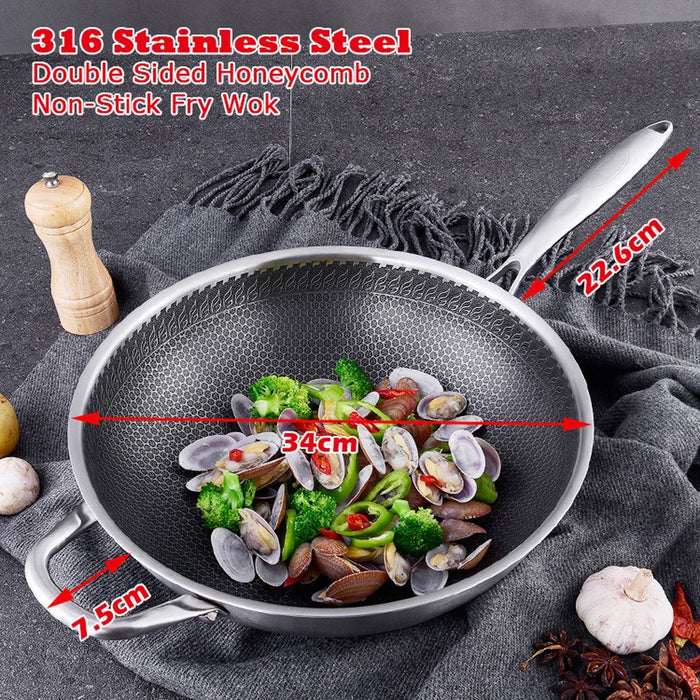 316 Stainless Steel Non-Stick Stir Fry Cooking Kitchen Wok Pan with Lid Honeycomb Double Sided - amazingooh