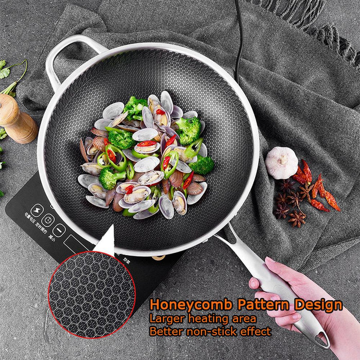 316 Stainless Steel Non-Stick Stir Fry Cooking Kitchen Wok Pan with Lid Honeycomb Double Sided - amazingooh