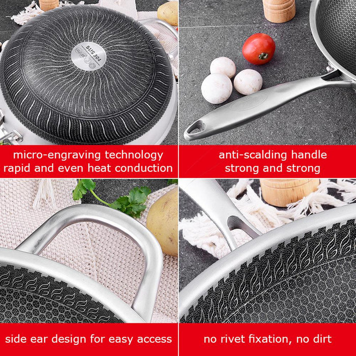 32cm Stainless Steel Non-Stick Stir Fry Cooking Kitchen Honeycomb Wok Pan with Lid - Amazingooh