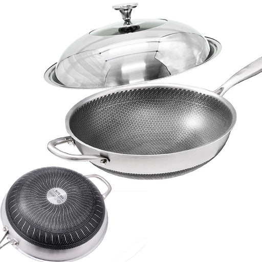 34cm Stainless Steel Non-Stick Stir Fry Cooking Kitchen Honeycomb Wok Pan with Lid - amazingooh