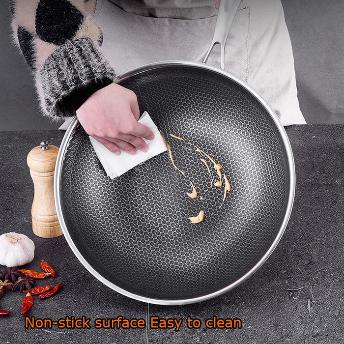 34cm Stainless Steel Non-Stick Stir Fry Cooking Kitchen Honeycomb Wok Pan with Lid - Amazingooh