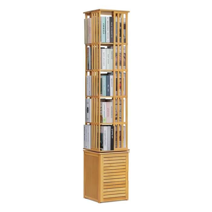 Bamboo 7 Tiers Open Bookcase with Door, Spinning Bookshelf Display Rack for Home