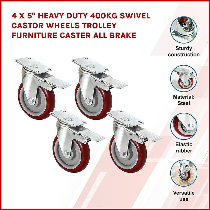 4 X 5" Heavy Duty 400kg Swivel Castor Wheels Trolley Furniture Caster All Brake - Amazingooh Wholesale