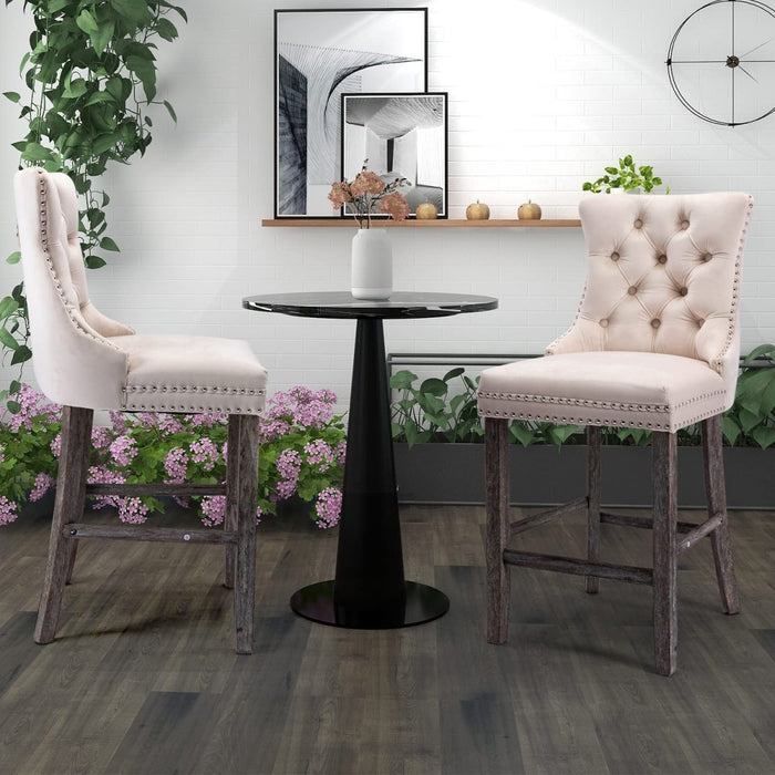 4X Velvet Bar Stools with Studs Trim Wooden Legs Tufted Dining Chairs Kitchen - Amazingooh Wholesale