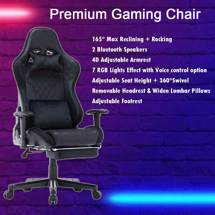 7 RGB Lights Bluetooth Speaker Gaming Chair Ergonomic Racing chair 165° Reclining Gaming Seat 4D Armrest Footrest Black - Amazingooh Wholesale