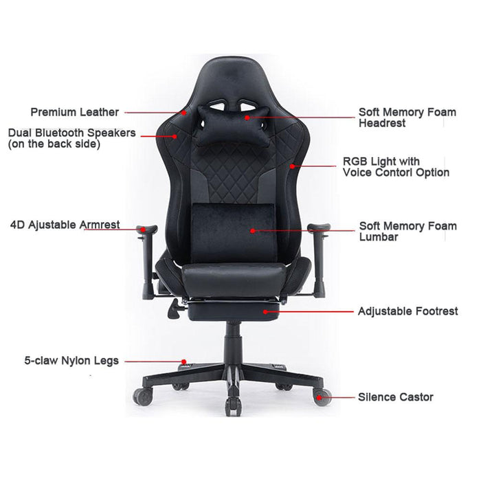 7 RGB Lights Bluetooth Speaker Gaming Chair Ergonomic Racing chair 165° Reclining Gaming Seat 4D Armrest Footrest Black - Amazingooh Wholesale