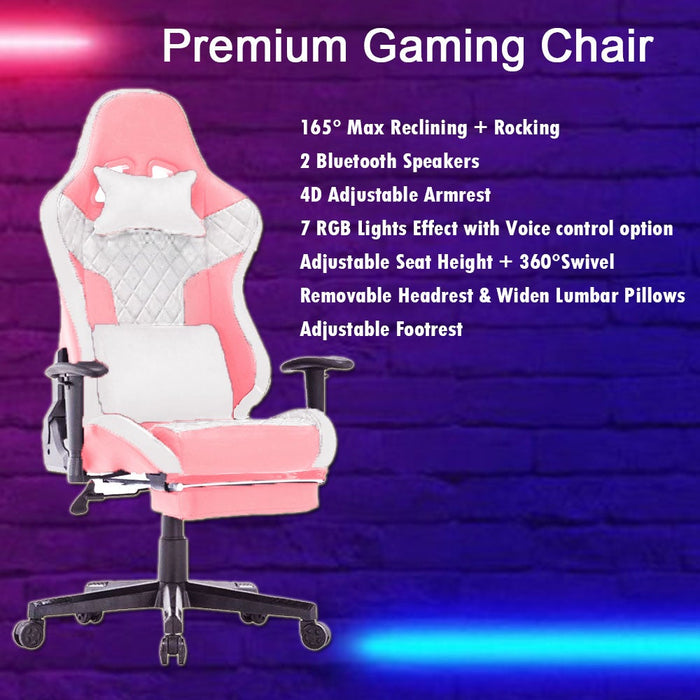 7 RGB Lights Bluetooth Speaker Gaming Chair Ergonomic Racing chair 165° Reclining Gaming Seat 4D Armrest Footrest Pink White - Amazingooh Wholesale