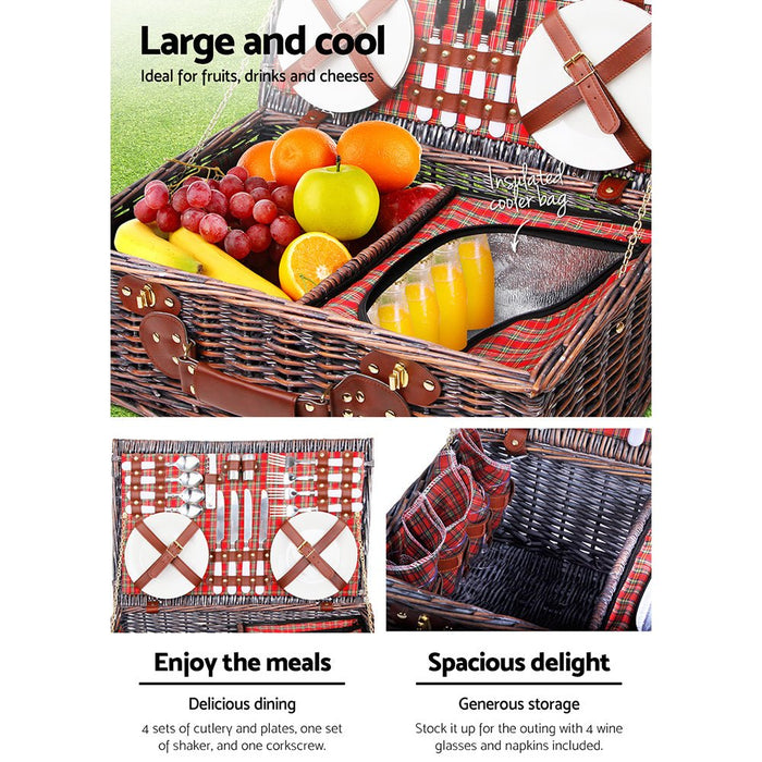 Alfresco 4 Person Picnic Basket Wicker Picnic Set Outdoor Insulated Blanket - Amazingooh Wholesale