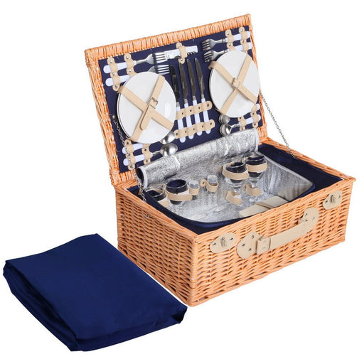 Alfresco 4 Person Picnic Basket Wicker Set Baskets Outdoor Insulated Blanket Navy - Amazingooh Wholesale