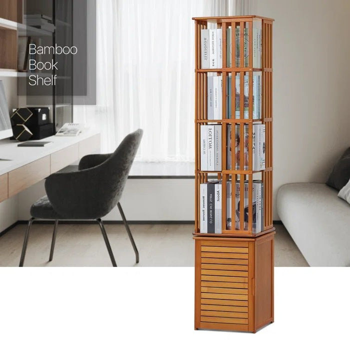 Bamboo 6 Tiers Open Bookcase with Door, Spinning Bookshelf Display Rack for Home - Amazingooh Wholesale