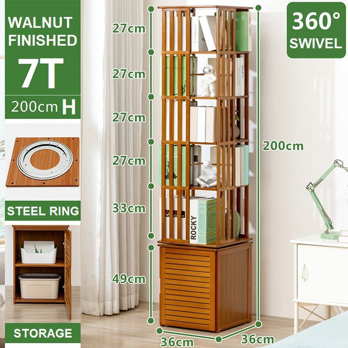 Bamboo 7 Tiers Open Bookcase with Door, Spinning Bookshelf Display Rack for Home - Amazingooh Wholesale