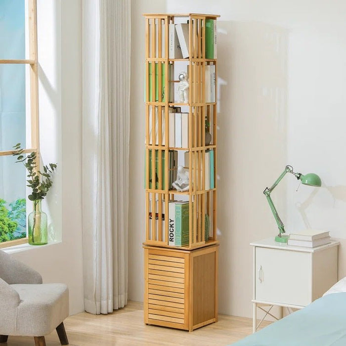 Bamboo 7 Tiers Open Bookcase with Door, Spinning Bookshelf Display Rack for Home - Amazingooh Wholesale