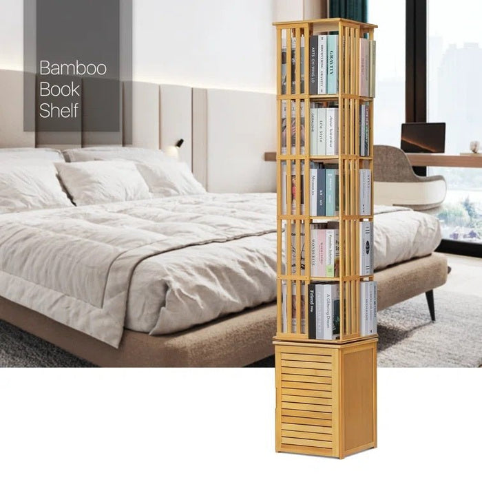 Bamboo 7 Tiers Open Bookcase with Door, Spinning Bookshelf Display Rack for Home - Amazingooh Wholesale