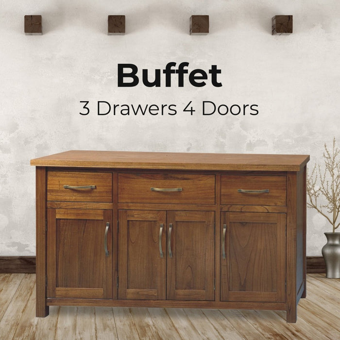 Birdsville Buffet Table 161cm 4 Door 3 Drawer Solid Mt Ash Timber Wood - Brown - Amazingooh Wholesale
