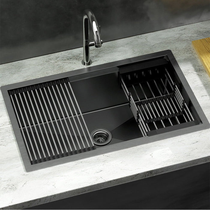 Cefito Kitchen Sink Stainless Steel 70X45CM Single Bowel with Drying Rack Black - Amazingooh Wholesale