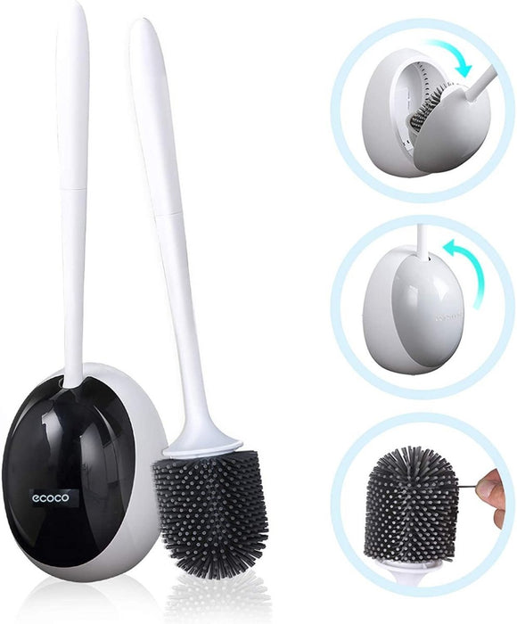 Ecoco Toilet Brush Wall Mounted Auto Close Holder Set Silicone Soft Bristle W/ Base Draining Water Tool Upgrade Version - amazingooh