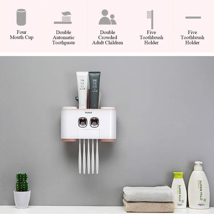 Ecoco Wall-Mounted Toothbrush Holder with 2 Toothpaste Dispensers 4 Cups and 5 Toothbrush Slots Toiletries Bathroom Storage Rack (Grey) - amazingooh