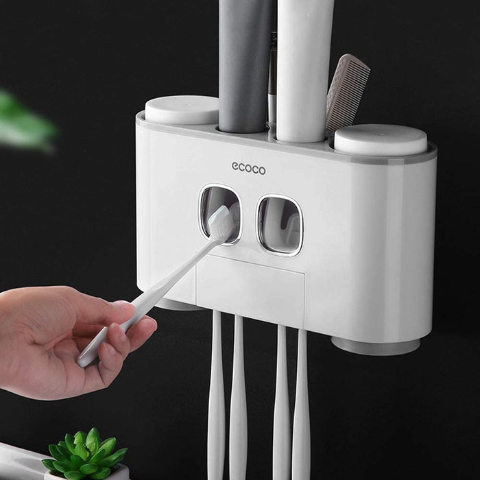 Ecoco Wall-Mounted Toothbrush Holder with 2 Toothpaste Dispensers 4 Cups and 5 Toothbrush Slots Toiletries Bathroom Storage Rack (Grey) - amazingooh