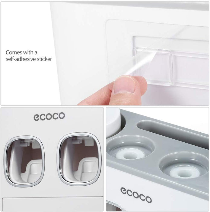 Ecoco Wall-Mounted Toothbrush Holder with 2 Toothpaste Dispensers 4 Cups and 5 Toothbrush Slots Toiletries Bathroom Storage Rack (Grey) - amazingooh