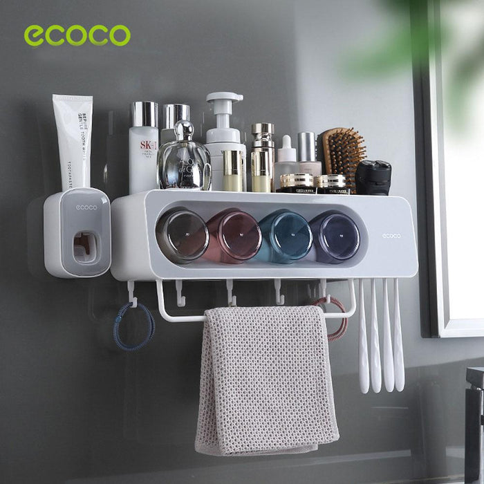 Ecoco Wall-Mounted Toothbrush Holder with 4 Cups and 4 Toothbrush Slots Toiletries Bathroom Storage Rack - amazingooh