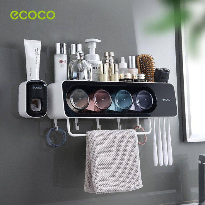 Ecoco Wall-Mounted Toothbrush Holder with 4 Cups and 4 Toothbrush Slots Toiletries Bathroom Storage Rack - amazingooh