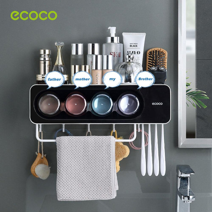 Ecoco Wall-Mounted Toothbrush Holder with 4 Cups and 4 Toothbrush Slots Toiletries Bathroom Storage Rack - amazingooh