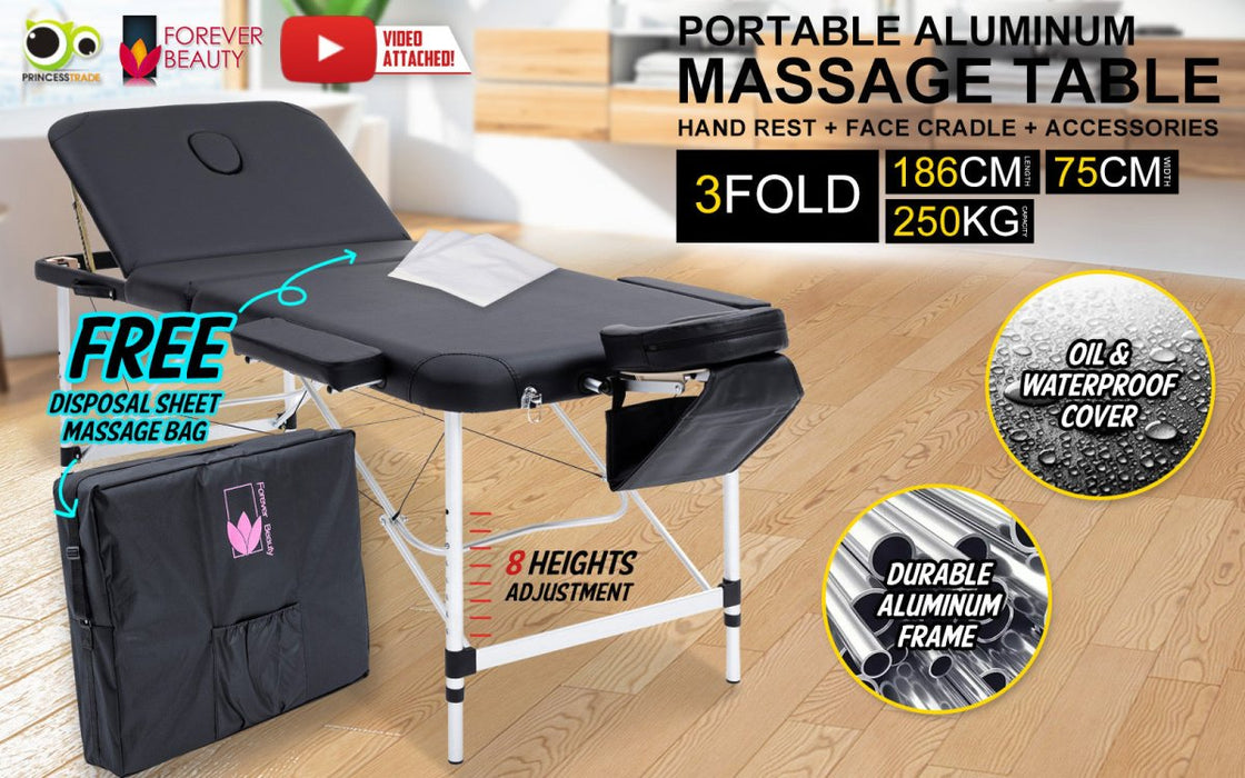 Forever Beauty Black Portable Beauty Massage Table Bed Therapy Waxing 3 Fold 75cm Aluminium - Amazingooh Wholesale