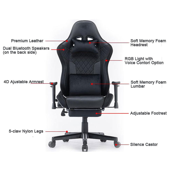 Gaming Chair Ergonomic Racing chair with 7 RGB Lights 165° Bluetooth Speaker Reclining Gaming Seat 4D Armrest Footrest - amazingooh