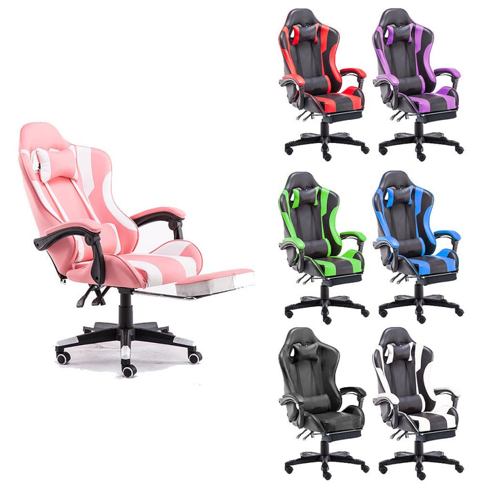 Gaming Chair Office Computer Seating Racing PU Executive Racer Recliner Pink White Large Footrest - Amazingooh Wholesale