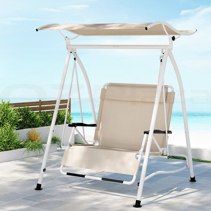 Gardeon Outdoor Swing Chair Garden Lounger 2 Seater Canopy Patio Furniture Beige - Amazingooh Wholesale