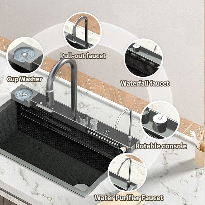Integrated Waterfall Kitchen Sink Honeycomb Technology Large Digitial Display Stainless Steel Soap Dispenser Cup Washer - Amazingooh Wholesale