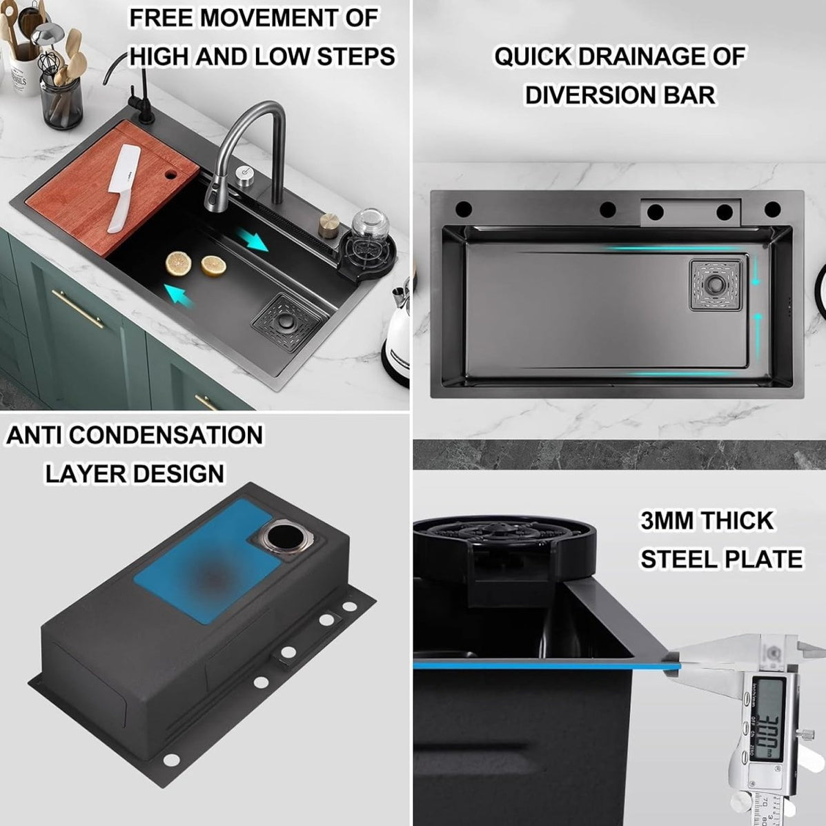 Kitchen Sink 304 Stainless Steel Nano Raindance Waterfall Sink with