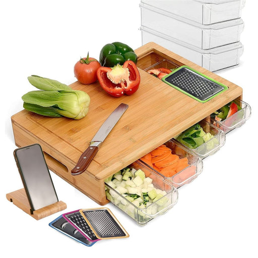 Large Bamboo Cutting Board and 4 Containers with Mobile Holder gift included for Home Kitchen - Amazingooh Wholesale