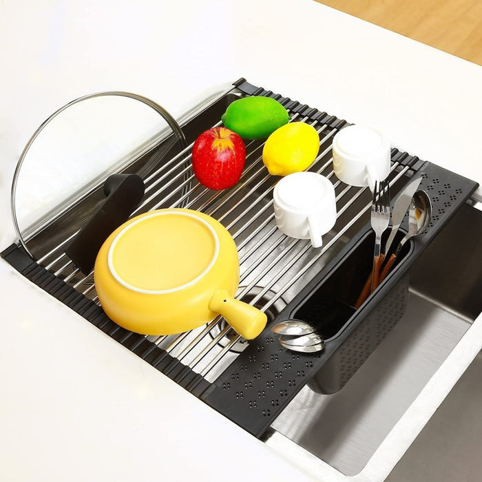 Large Stainless Steel Roll Up Dish Drying Rack with Utensil Holder for Home Kitchen - Amazingooh Wholesale