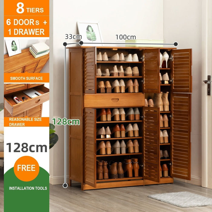 Multi Tier Bamboo Large Capacity Storage Shelf Shoe Rack Cabinet 4/6 Doors + 1 Drawer