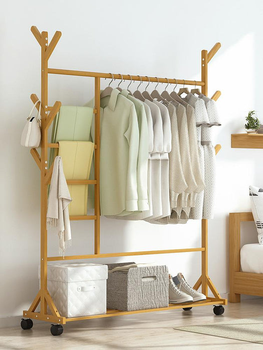 Portable Coat Stand Rack Rail Clothes Hat Garment Hanger Hook with Shelf Bamboo - amazingooh