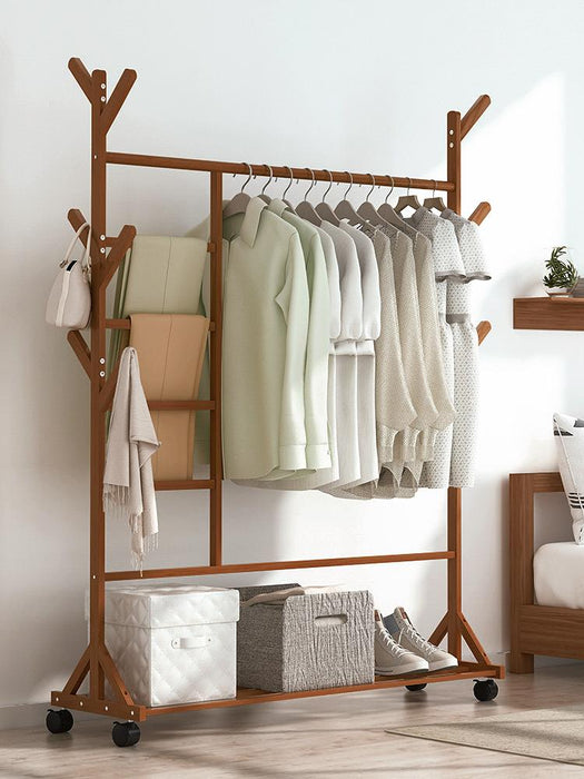 Portable Coat Stand Rack Rail Clothes Hat Garment Hanger Hook with Shelf Bamboo - amazingooh