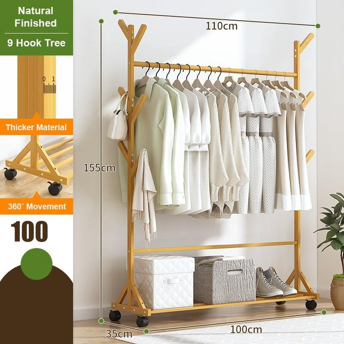 Portable Coat Stand Rack Rail Clothes Hat Garment Hanger Hook with Shelf Bamboo - amazingooh