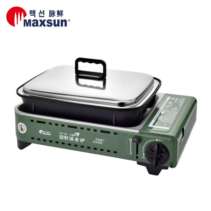 Portable Gas BBQ Stove PRO Grill Plate Burner Butane Camping Gas Cooker With Non Stick Pan and Lid - amazingooh
