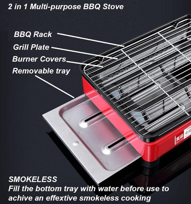 Portable Gas Stove Burner Butane BBQ Camping Gas Cooker With Non Stick Plate Black - amazingooh