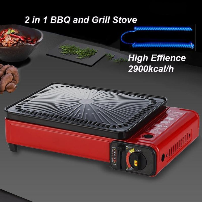 Portable Gas Stove Burner Butane BBQ Camping Gas Cooker With Non Stick Plate Red - amazingooh